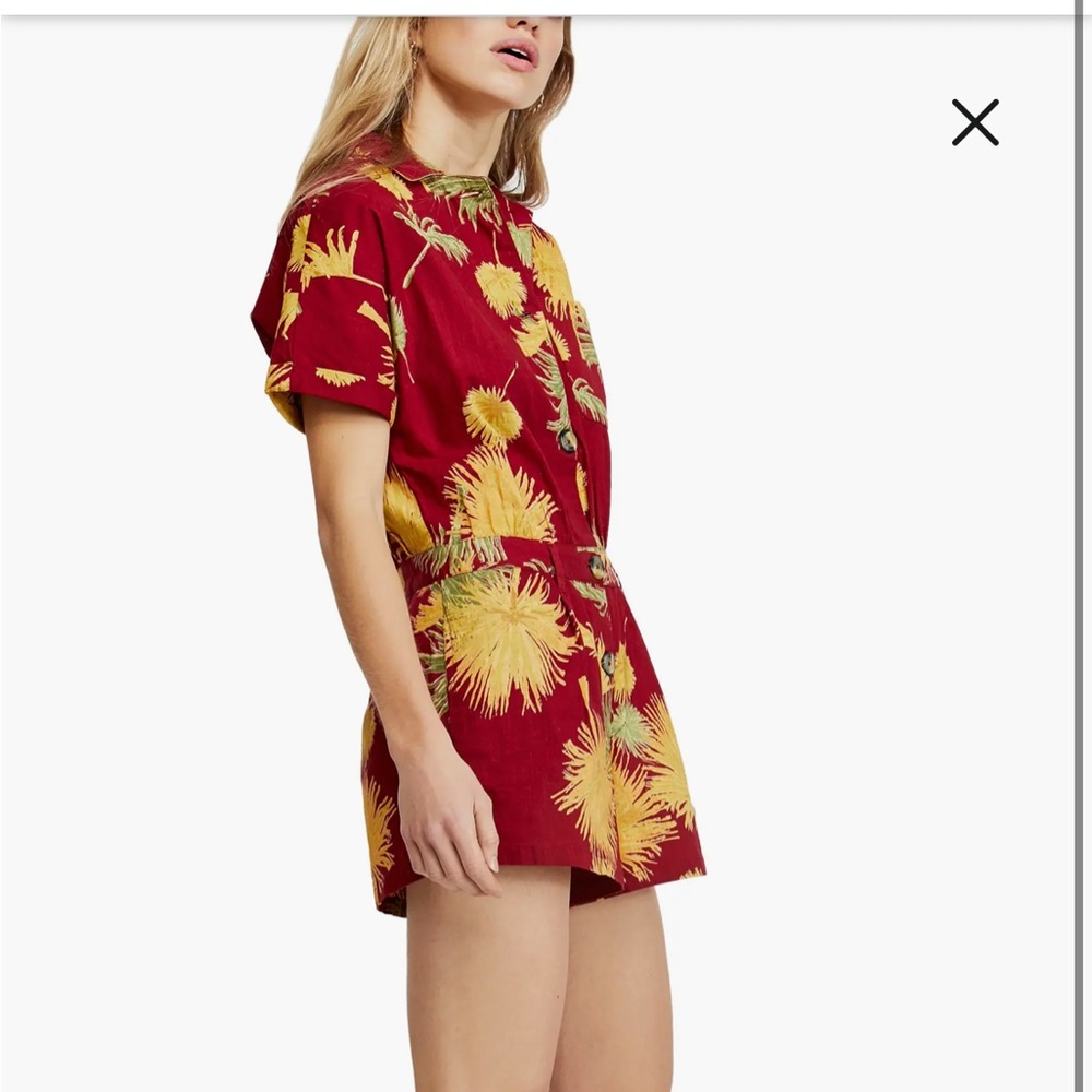 Free People Malibu Romper Tropical Palm Red Button Down Vacation Beach